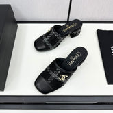 CC HIGH MULE IN BLACK WOOL TWEED AND CALFSKIN GOLD HARDWARE